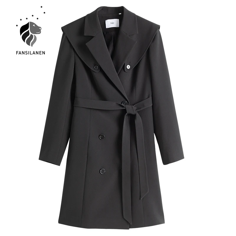 

FANSILANEN Office lady sexy short black blazer dress Women long sleeve belt spring elegant dress Female casaul wrap dress 2021