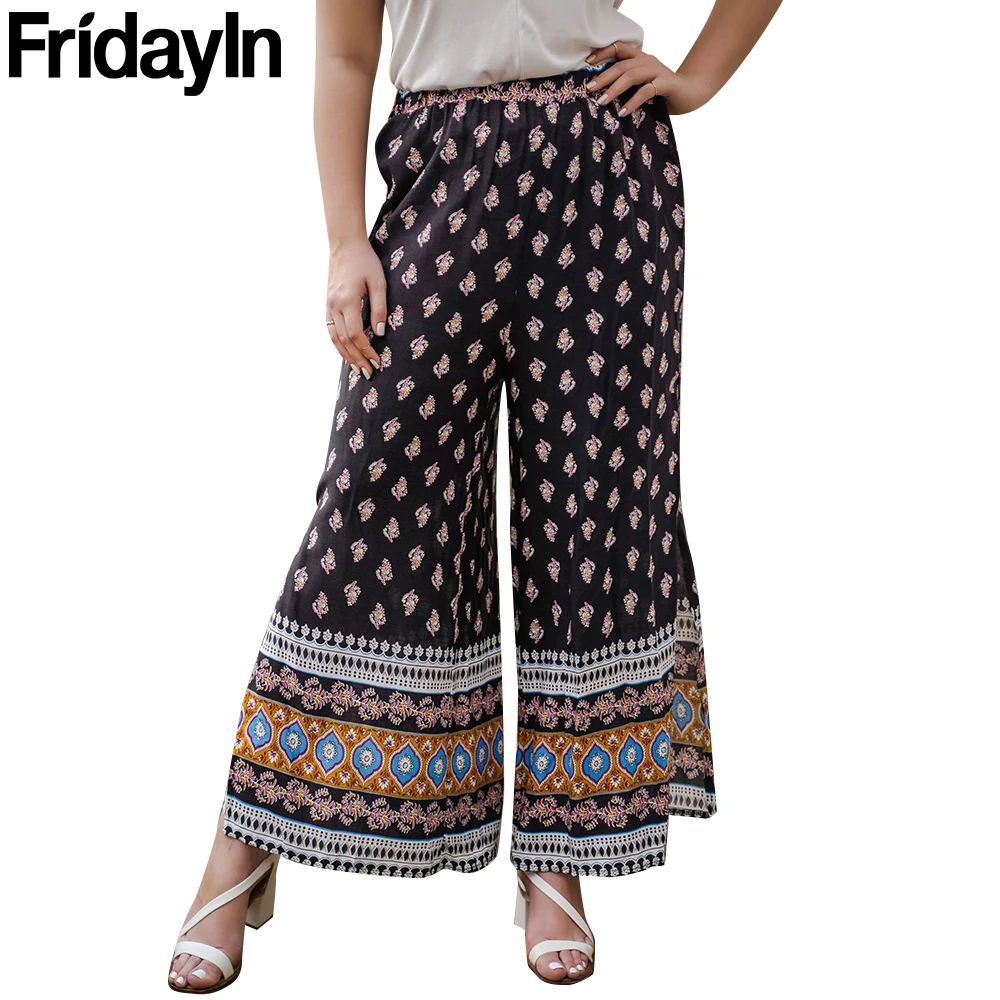 

FridayIn Autumn New Women's Casual Fashion Floral Wide-leg Pants Loose Plus Size Casual Pants High-waist Straight-leg Pants