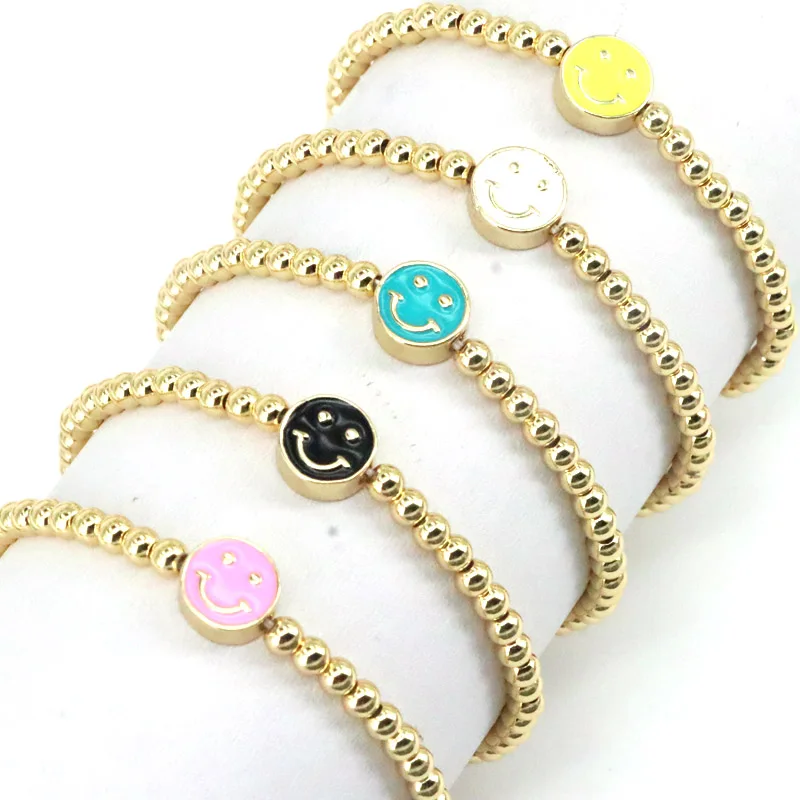 

10Pcs, Smiley Face Bracelet For Women Enamel Smile Bracelets Fashion Jewelry Handmade Golden Beads Bracelet Elastic