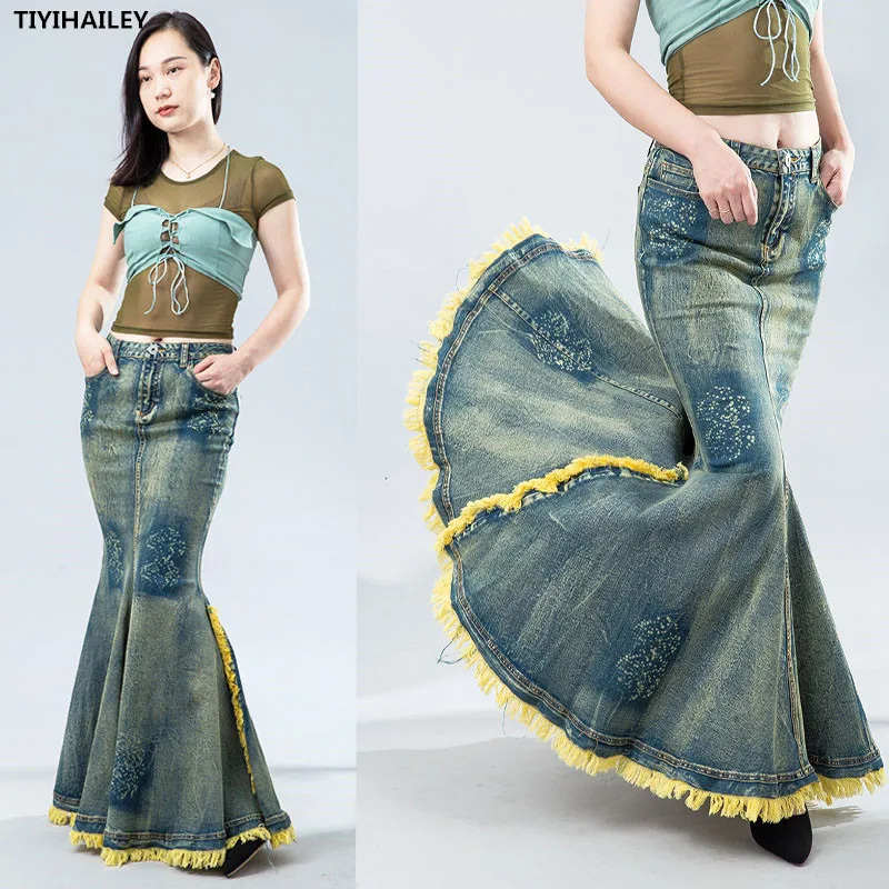 

TIYIHAILEY Free Shipping 2021 Fashion Long Maxi Denim Skirt For Women Mermaid Style Fish Tail High Waist Tassels S-XL Stretch