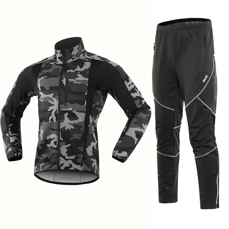Camouflage15kgray18y ARSUXEO, Мужская зимняя велосипедная куртка, комплект, ветрозащитная, водонепроницаемая, термальная спортивная одежда, велосипедные штаны, брюки, велосипедные костюмы, одежда 15kk - Цвет: Camouflage15kgray18y