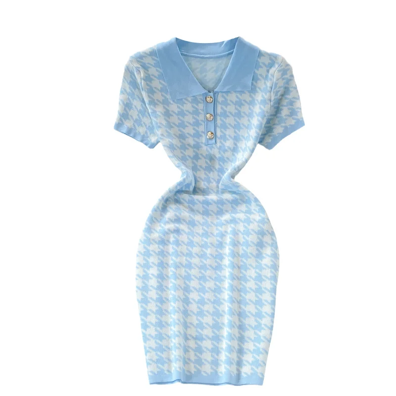 

Summer 2021 New Pink Women's Plaid Dress Fashion Age Reduce Polo Collar Short Sleeve Buttock Short Knitted Dress Grils Casual