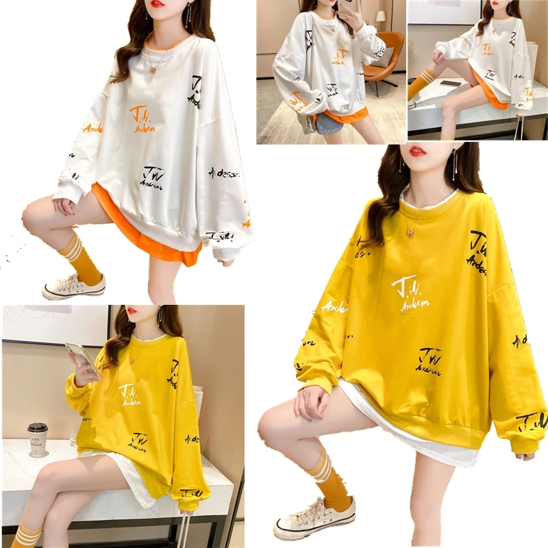 

Fake two-piece oversized sweatshirt women fashion Korean kawaii crewneck sweatshirt letter printing Tops women free shipping