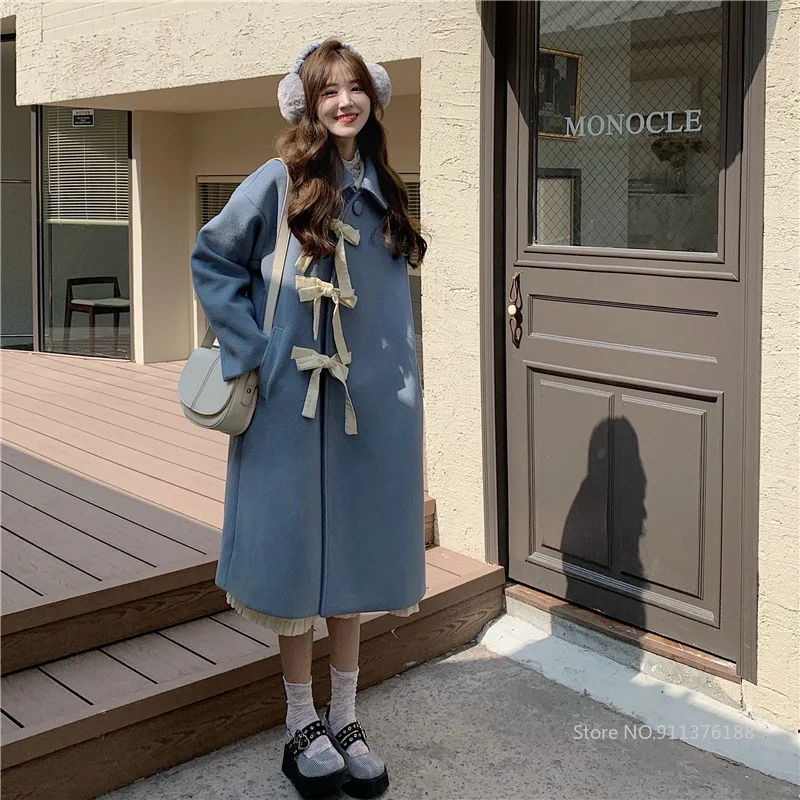 

Bow Strap Solid Color Wool Coat 2021 Autumn and Winter Japanese Mid-length Loose Fat Mm Wool Coat Women