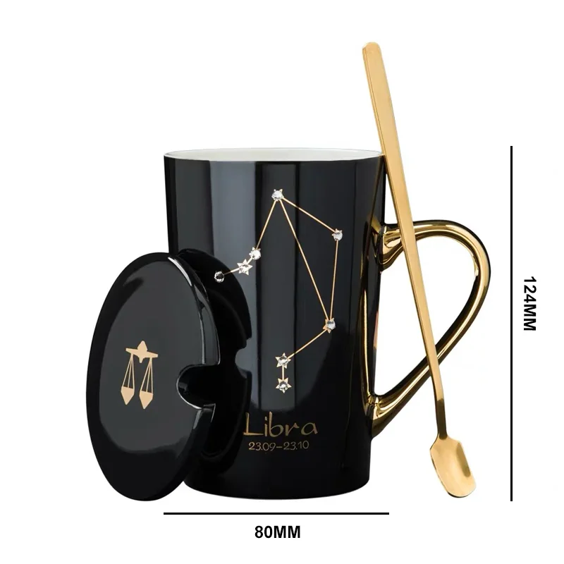 

420ml Ceramic Coffee Mugs 12 Constellation Theme Star Drill Mug Gift Box With Lid And Spoon Zodiac Milk Cup Water Drinkware