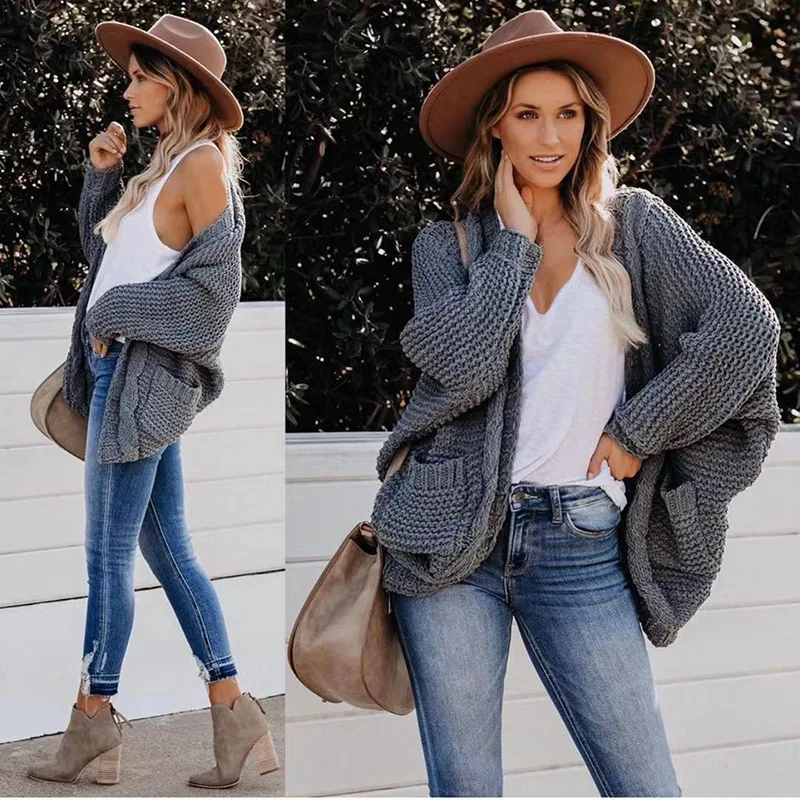 

Fitshinling Batwing Sleeve BOHO Knitted Cardigan Pockets Holiday Oversize Winter Coat Twist Loose Vintage Long Cardigans Women