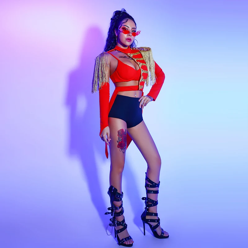 Сексуальный костюм для джазовых танцев красный DS с кисточками ночного клуба GoGo