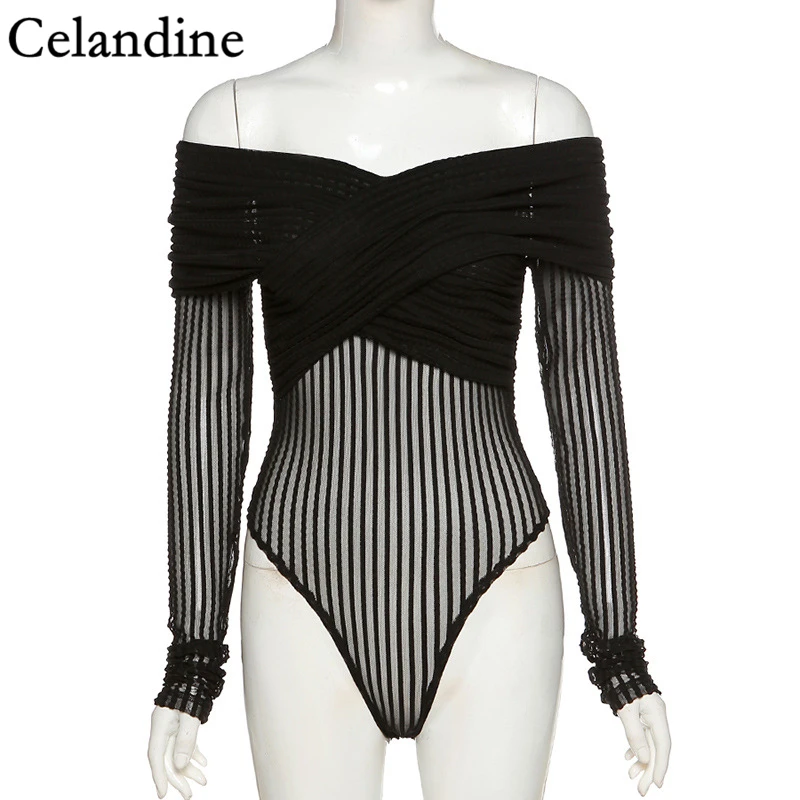 

Celandine Sexy Long Sleeve Slash Neck Bodysuit Women Fashion Transparen Skinny Bodysuits Casual Body Top Spring Autumn 2021 New