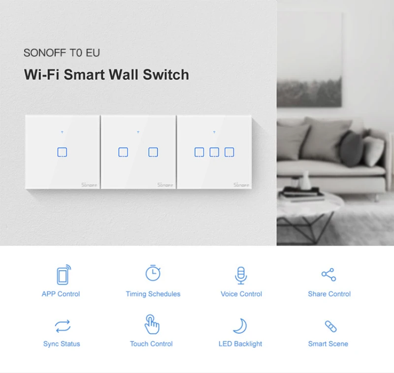 

Sonoff T1 EU UK Smart Switch Wifi Wall Touch Light Switches 1/2/3 Gang Remote Smart Control Works With Amazon Alexa eWelink APP