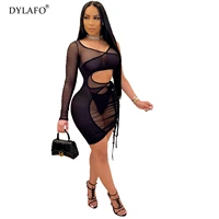 mesh bandage party dresses summer sexy fake two pieces see through skinny tank dress women long sleeve clubwear hot outfits
