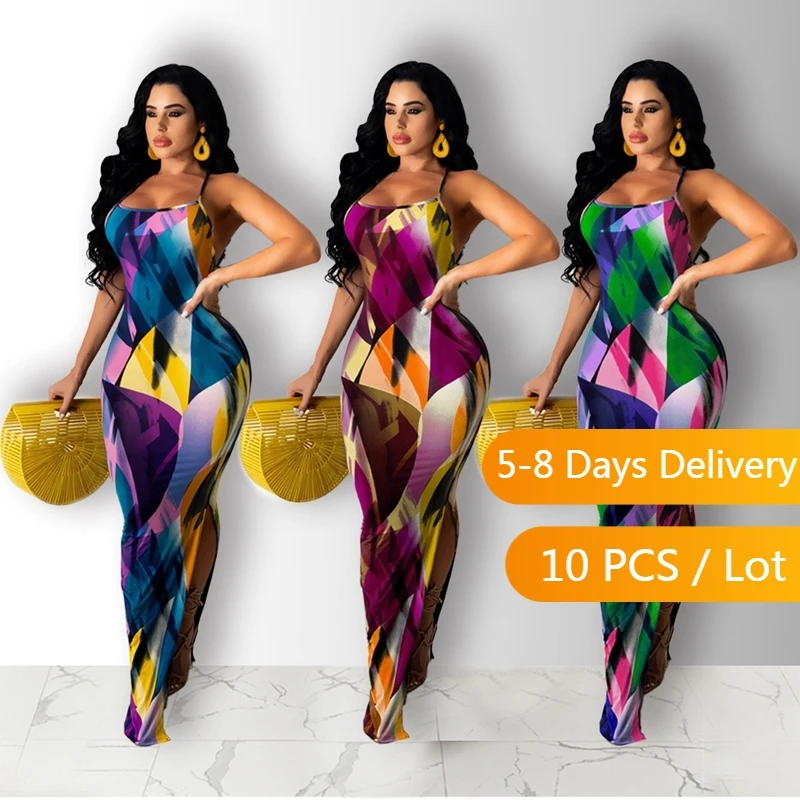 

Wholesale Items Women Backless Summer Dress Printed Spaghetti Strap High Slit Party Dress Club Sexy Bodycon Maxi Dress Vestidos