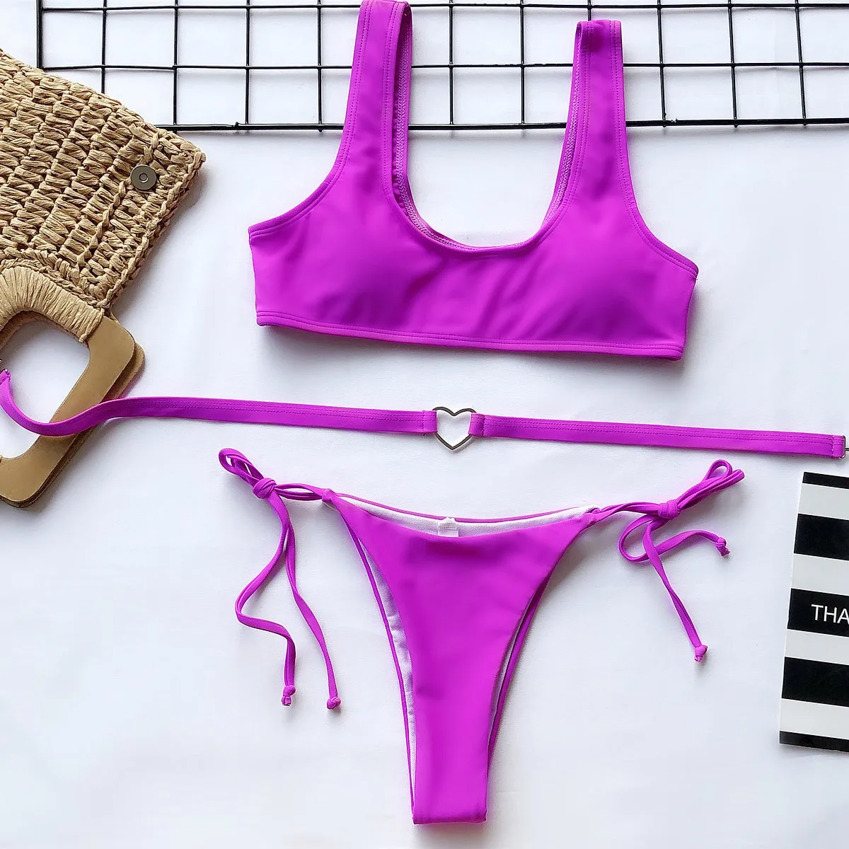Love ring belt women sexy thong bikini bandage purple solid swimwear low waist female swimsuit lovely ties swimmingsuit