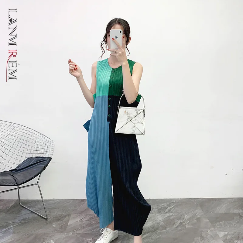 

LANMREM 2021 Women Summer Sleeveless Jumpsuit Elegant Office Ladies Wide Leg Playsuit Romper Casual Long Pants 2D1348