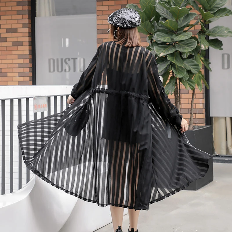 Тренчкот женский прозрачный на молнии Длинная ветровка с кружевом повседневный