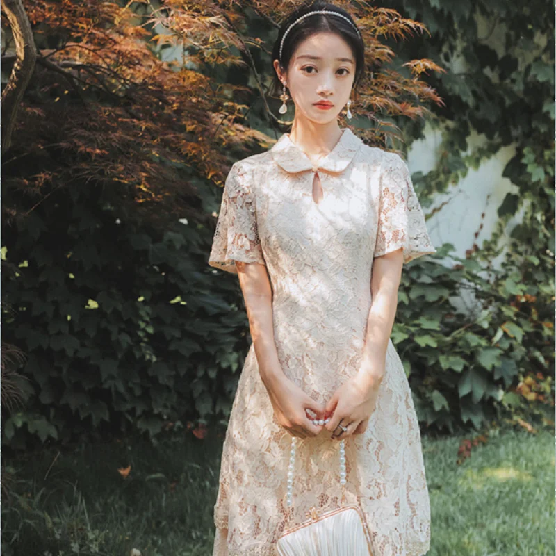

2021 Elegant Short Sleeve Ankle-length Beige Lace Dress Summer Maxi Lace Long Women Dress Female Vestidos Fit and Flare