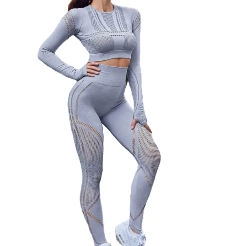 

2021 Summer Women's Suit Sports Yoga Fitness Set Mesh Stretch Slim Breathable Tee Jogging Pants Lady sweatsuit