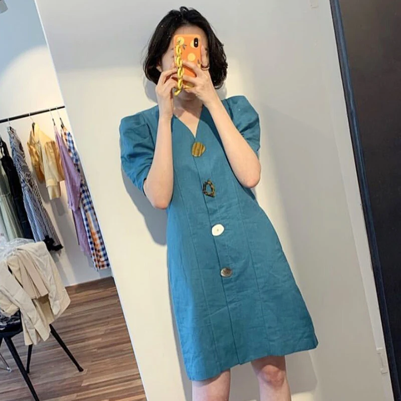 

YAMDI party a-line 2020 new korean dresses midi dress women vintage woman short sleeve elegant summer solid v neck blue vestidos