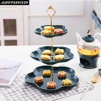 european ceramic gold side double dessert tray light luxury 3 layer snack tray wedding cake display stand birthday fruit plate