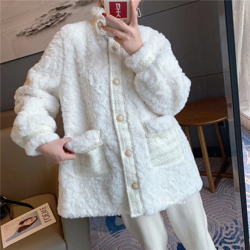 

Lamb Fur Coat Women Tweed Splicing 2022 Autumn Winter Mid-length Long Jackets Female Imitation Rex Rabbit Plush Coats Woman