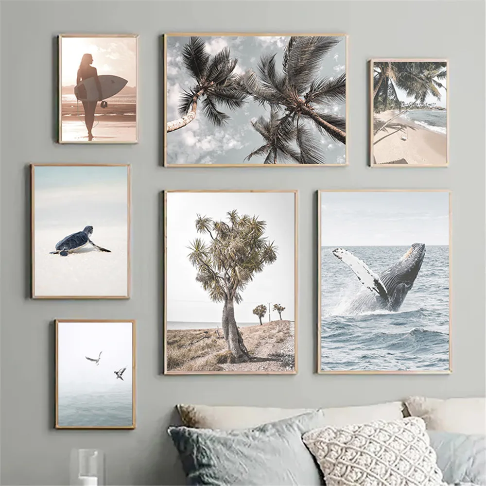 Постер в скандинавском стиле с изображением морских КИТ и птиц Пляжное кокосовое