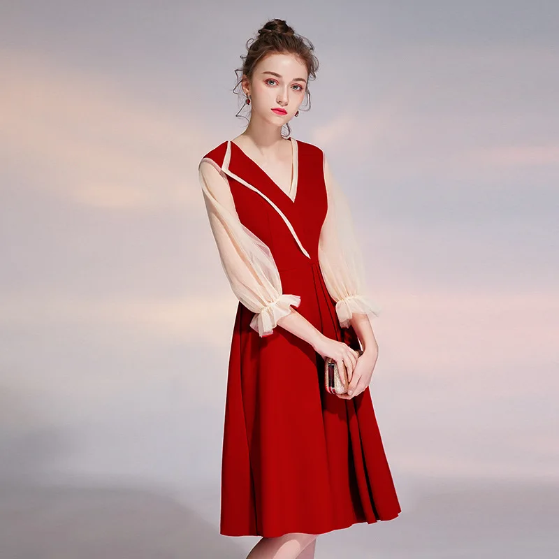 

Elegant Short A-Line Knee-Length Pleats Long Sleeves Party Wear Dresses for Women V-Neck 2021 New Design Fashion Evening Gown