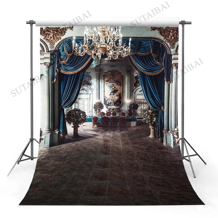 

Interior Palace Vintage Wedding Photography Backdrops Blue Curtain Crystal Chandelier Stone Pillars building photo background