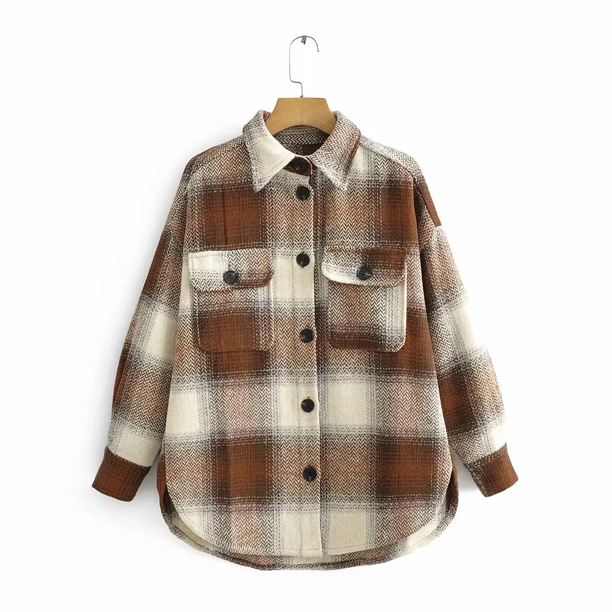

Vintage Woolen Overcoats Women Fashion Lapel Long Sleeve Thick Loose Plaid Coats Elegant Streetwear Girls Chic Oversize Jackets