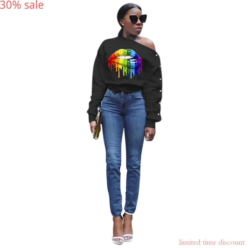 Спортивный костюм в стиле Харадзюку с принтом виде губ женские свитшоты 2020