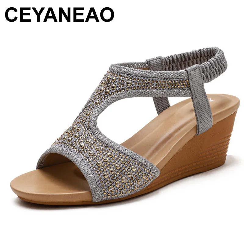 

CEYANEAO Women Sandals New 2021 Open Toe 5cm Wedge Heels Zip Soft Bohemian Flower Stylish Multi Colors Big Size 36-42