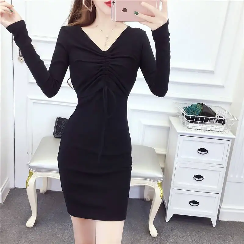 

Women's Dress 2020 Spring Retro Sexy V-neck Drawstring Stitching Thin Skinny Hip Bodycon Mini Street Sexy Party Dress Vestidos
