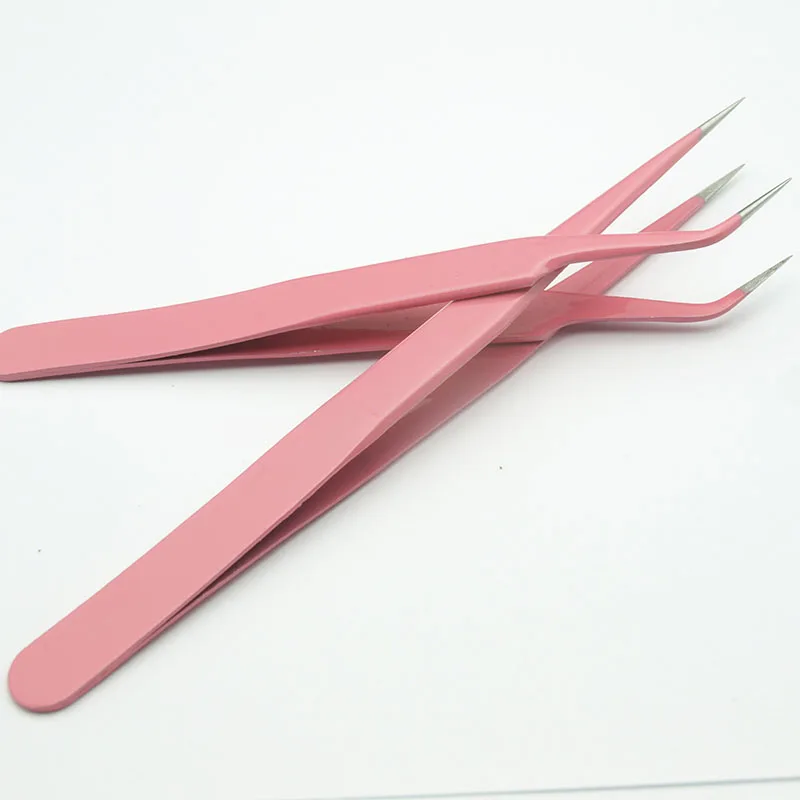EasyNail 2PCS Pink Straight & Curved Tweezer For Eyelash Extensions Nail Art Nippers Hot Sell.