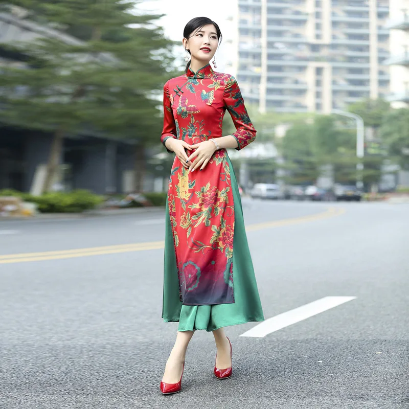 Весеннее вьетнамское платье Ципао aodai с принтом бабочки 2020|Одежда Азии и островов