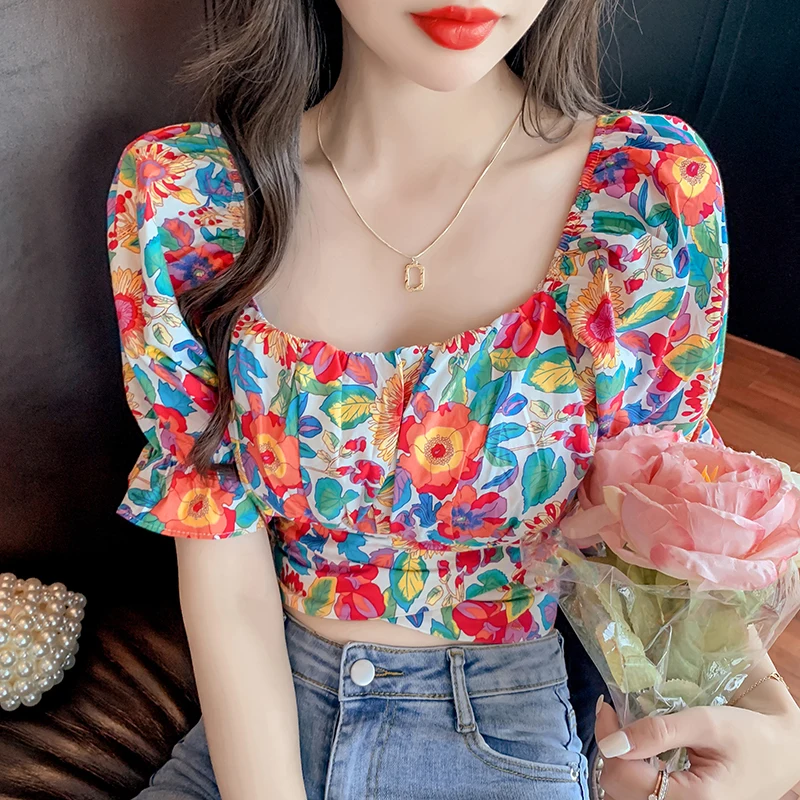 

Лето 2021, новый дизайн, сетчатый эластичный свободный топ с коротким рукавом-фонариком на одно плечо, привлекательная благородная женская фу...