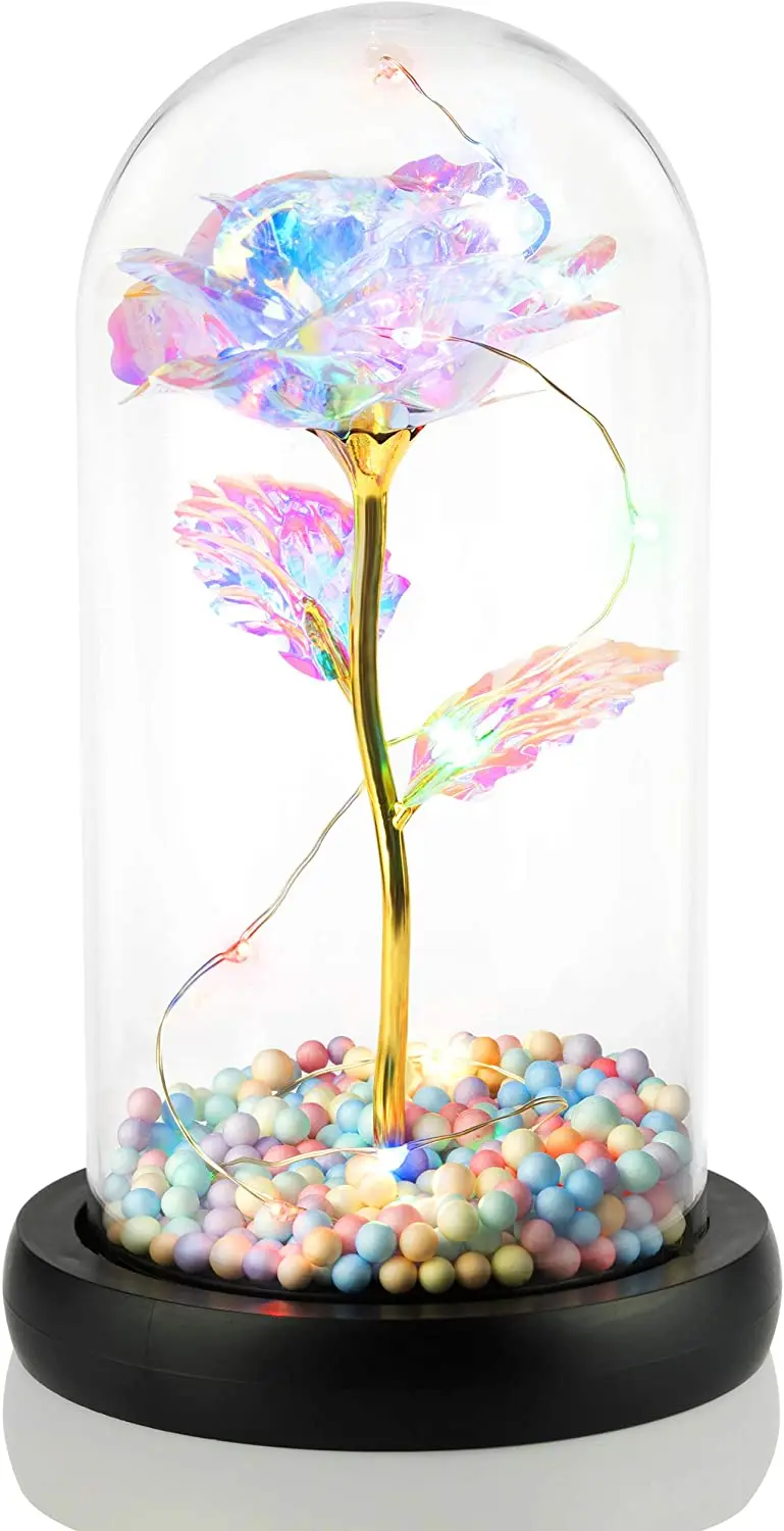 

Artificial Galaxy Rainbow Rose Eternal Forever Flower on Wooden Base for Weddings, Anniversary, Valentine's Day and All Occasion