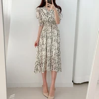 one piece korean fashion summer dress female 2021 vintage v neck short sleeved floral print chiffon dress a line casual dresses