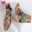 Женские повседневные ботильоны на высоком каблуке с вышитыми цветами и шнуровкой; Женские ботильоны; Обувь из шелкового атласа