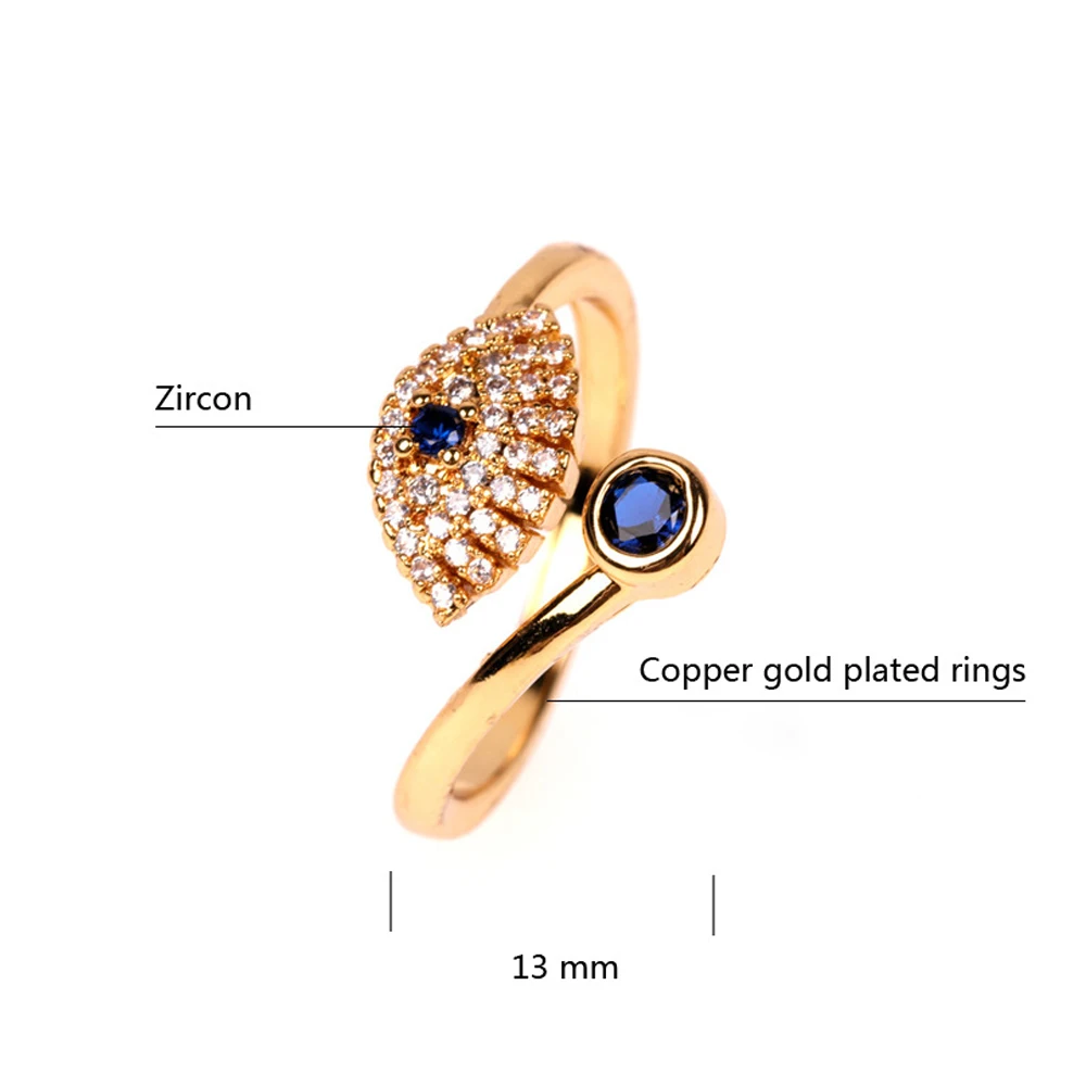 Счастливый глаз Синий Циркон Открытое кольцо золотистый цвет медное обручальное