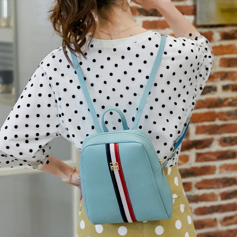 

Women's Backpack 2021 Small Spring New Shoulder Bag Stripe Zipper Metal Travel Small Schoolbag Factory Wholesale PU