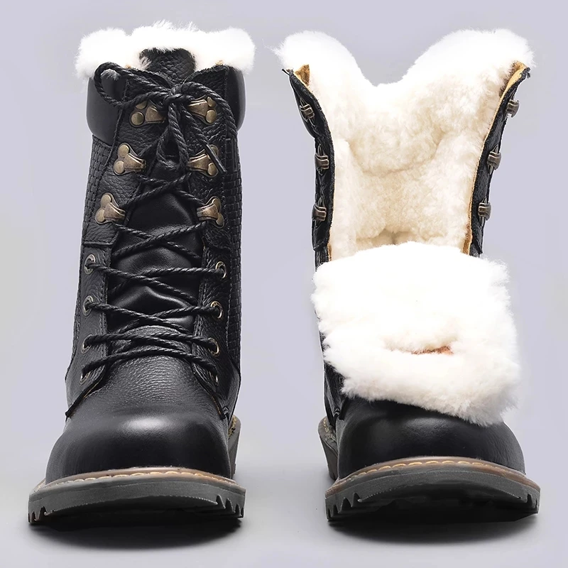 

Male Motorcycle boots Natural Wool Winter Shoes Men Warmest Genuine Leather Handmade Snow Winter Men Punk Boots Plus velvet