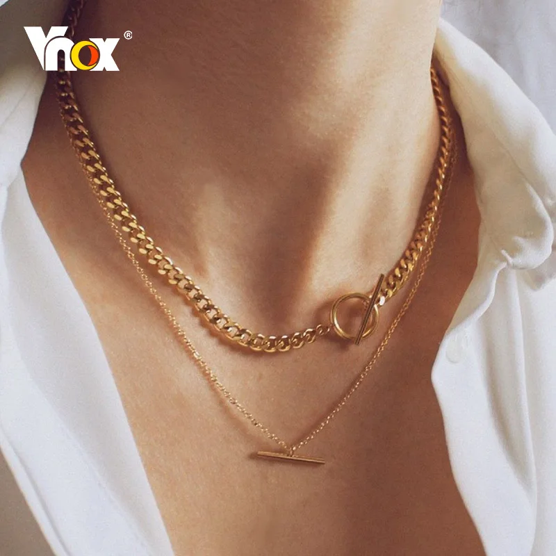 

Vnox T Bar Cuban Chain Necklaces for Women,Gold Color Stainless Steel Curb Snake Herringbone Chokers,Chic Minimalist Boho Collar