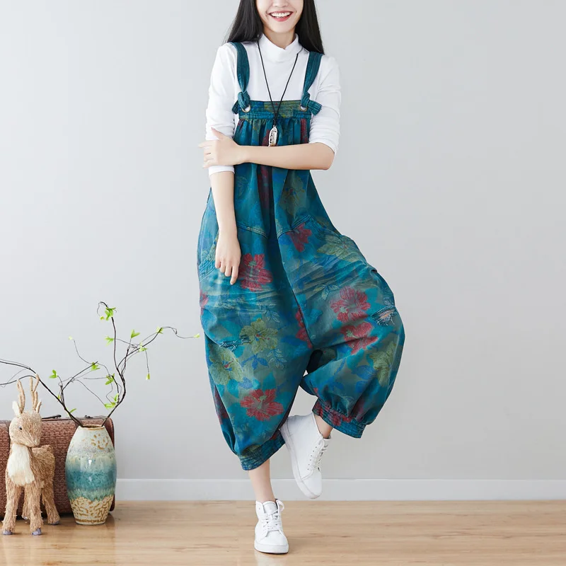 Комбинезон женский джинсовый с широкими штанинами повседневный мешковатый