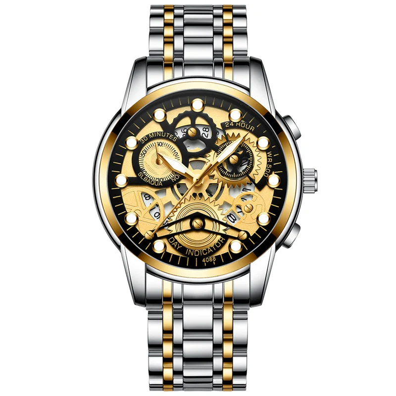 

Casual Men Watch High Quality Quartz Movement Hollow Skeleton Gear Wheel Wristwatch for Man Waterproof EL Light Watches