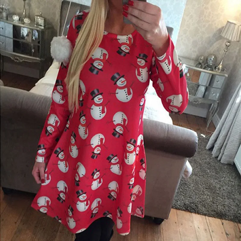 Elsvios Women Autumn Winter Christmas Dress New Year Long Sleeve Party Dress Snowman Print Mini Dresses For Parent-Kid Vestidos
