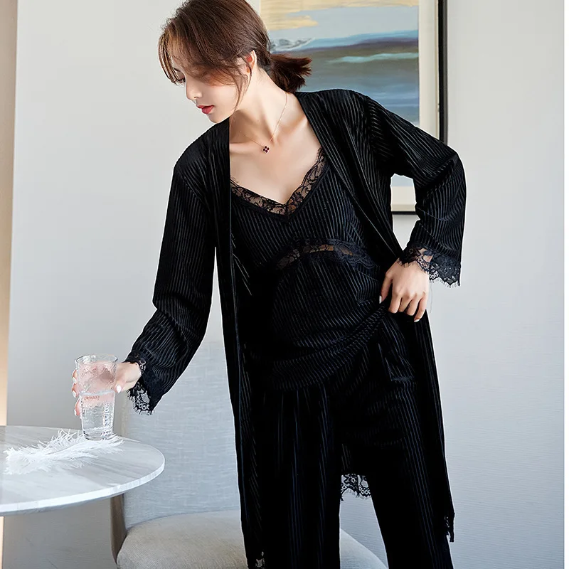 

Women Striped Velvet 3PCS Lace Sleepwear Set Autumn Pajama Suit Sexy Floral Trim Nightwear Bride Wedding Robe Intimate Lingerie