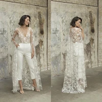 new wedding jumpsuit with cape beach wedding dresses v neck tea length lace bridal outfit wedding gowns 2021