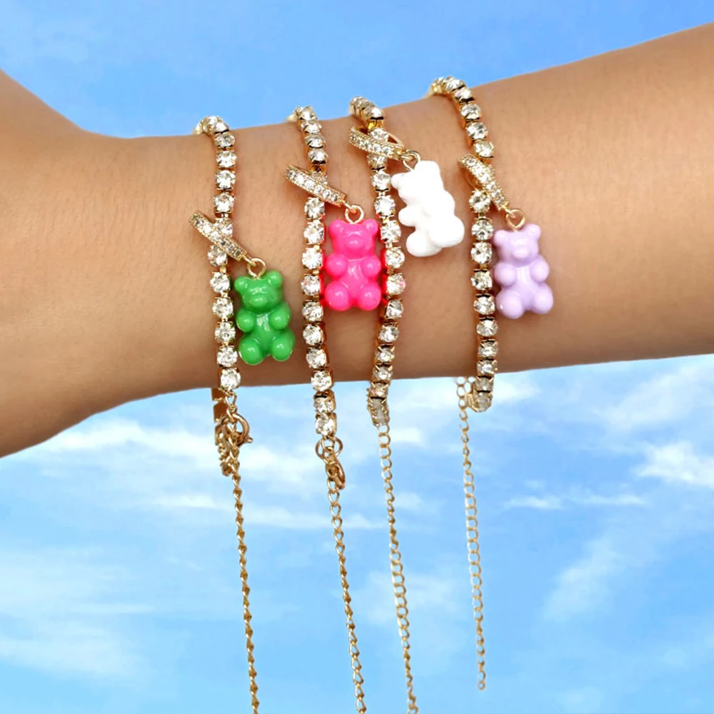 

New Cute Resin Bear Zircon Charm Crystal Tennis Chain Bracelets For Women Colorful Gold Silver Color Metal Bracelet Boho Jewelry
