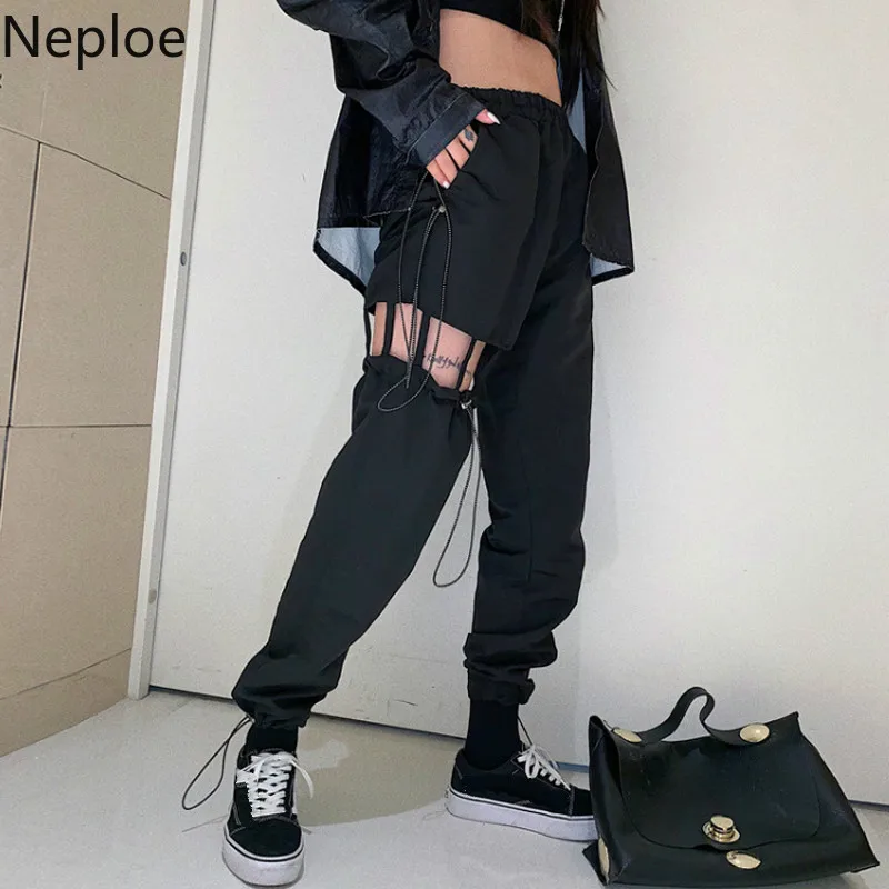 Neploe Harajuku женские модные свободные панковские штаны открытые уличные брюки стрейч талия черные шаровары 53647