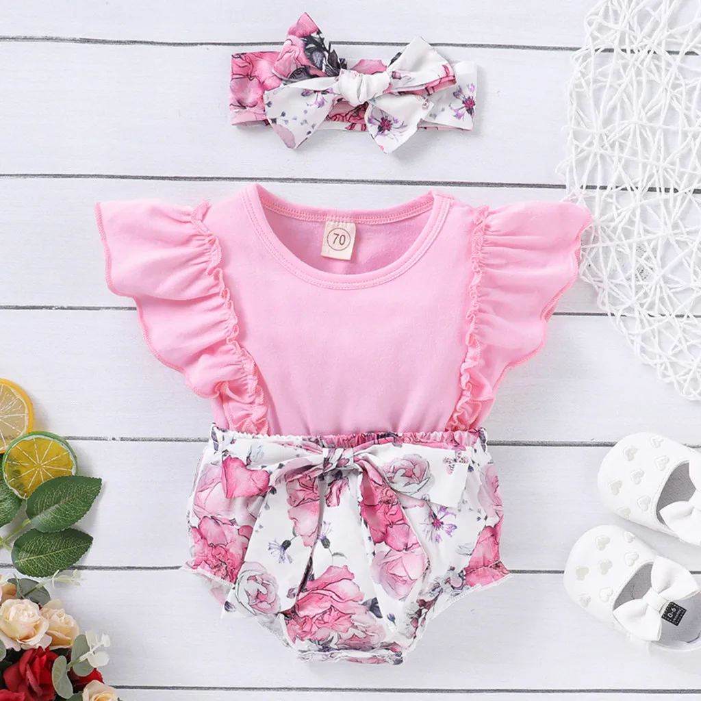 Летний детский комбинезон с оборками и рукавами крылышками цветочным принтом +