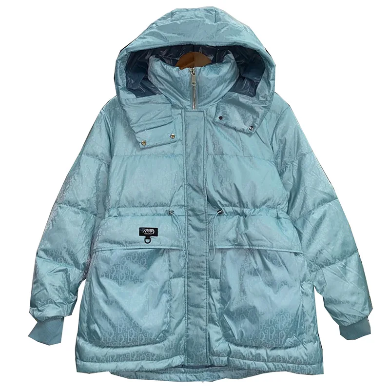 

Женская парка средней длины на белом утином пуху, с капюшоном и надписью