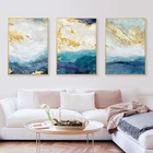 Абстрактный пейзаж желтое золото граффити морской пейзаж синий океан волны Холст Картина Настенная картина плакат украшение для гостиной